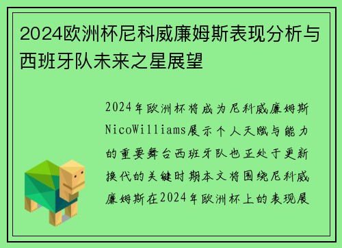 2024欧洲杯尼科威廉姆斯表现分析与西班牙队未来之星展望